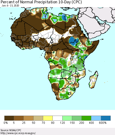 Africa Percent of Normal Precipitation 10-Day (CPC) Thematic Map For 1/6/2020 - 1/15/2020
