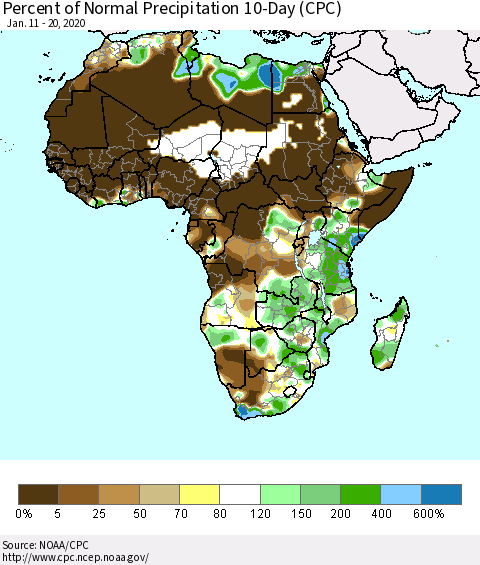 Africa Percent of Normal Precipitation 10-Day (CPC) Thematic Map For 1/11/2020 - 1/20/2020