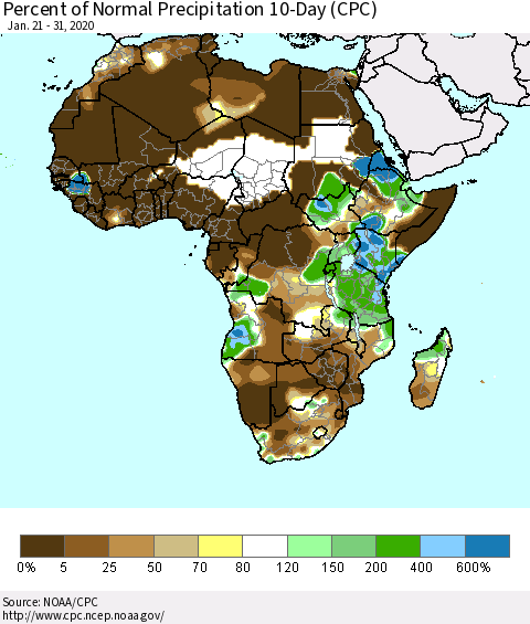 Africa Percent of Normal Precipitation 10-Day (CPC) Thematic Map For 1/21/2020 - 1/31/2020