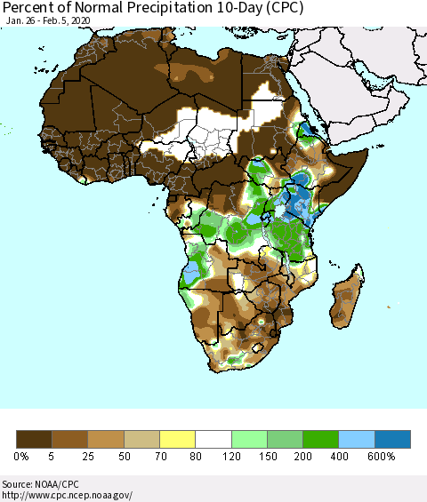 Africa Percent of Normal Precipitation 10-Day (CPC) Thematic Map For 1/26/2020 - 2/5/2020