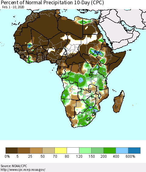 Africa Percent of Normal Precipitation 10-Day (CPC) Thematic Map For 2/1/2020 - 2/10/2020