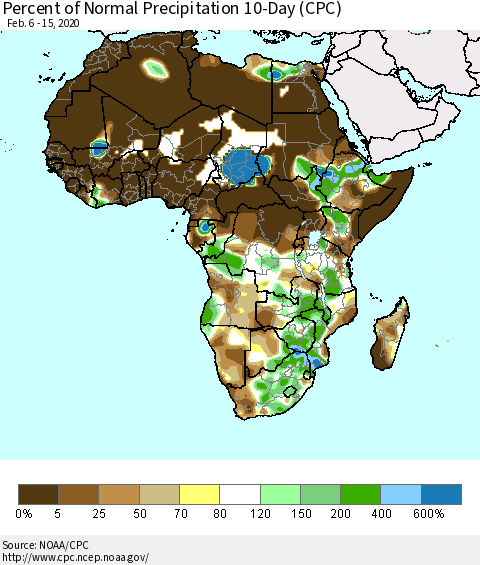 Africa Percent of Normal Precipitation 10-Day (CPC) Thematic Map For 2/6/2020 - 2/15/2020