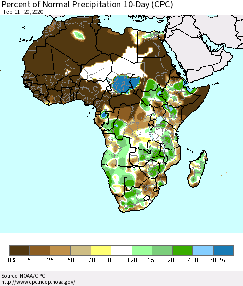 Africa Percent of Normal Precipitation 10-Day (CPC) Thematic Map For 2/11/2020 - 2/20/2020