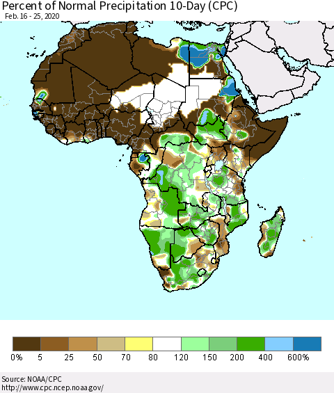 Africa Percent of Normal Precipitation 10-Day (CPC) Thematic Map For 2/16/2020 - 2/25/2020