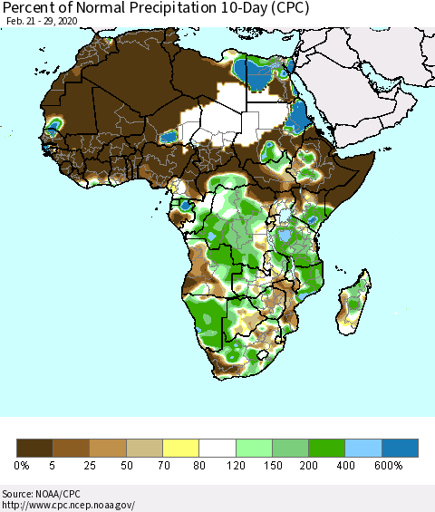 Africa Percent of Normal Precipitation 10-Day (CPC) Thematic Map For 2/21/2020 - 2/29/2020