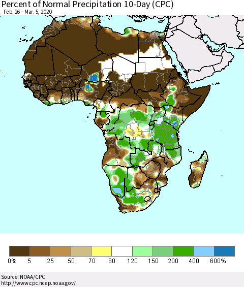 Africa Percent of Normal Precipitation 10-Day (CPC) Thematic Map For 2/26/2020 - 3/5/2020