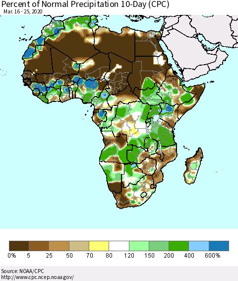 Africa Percent of Normal Precipitation 10-Day (CPC) Thematic Map For 3/16/2020 - 3/25/2020