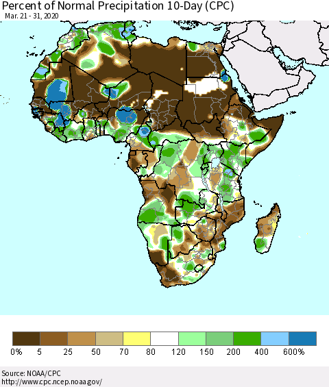 Africa Percent of Normal Precipitation 10-Day (CPC) Thematic Map For 3/21/2020 - 3/31/2020