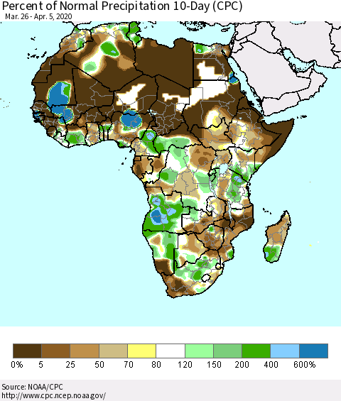Africa Percent of Normal Precipitation 10-Day (CPC) Thematic Map For 3/26/2020 - 4/5/2020