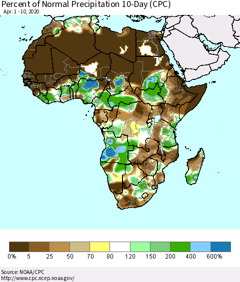 Africa Percent of Normal Precipitation 10-Day (CPC) Thematic Map For 4/1/2020 - 4/10/2020