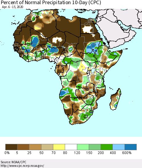 Africa Percent of Normal Precipitation 10-Day (CPC) Thematic Map For 4/6/2020 - 4/15/2020