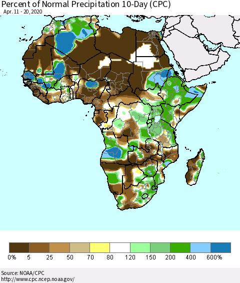 Africa Percent of Normal Precipitation 10-Day (CPC) Thematic Map For 4/11/2020 - 4/20/2020