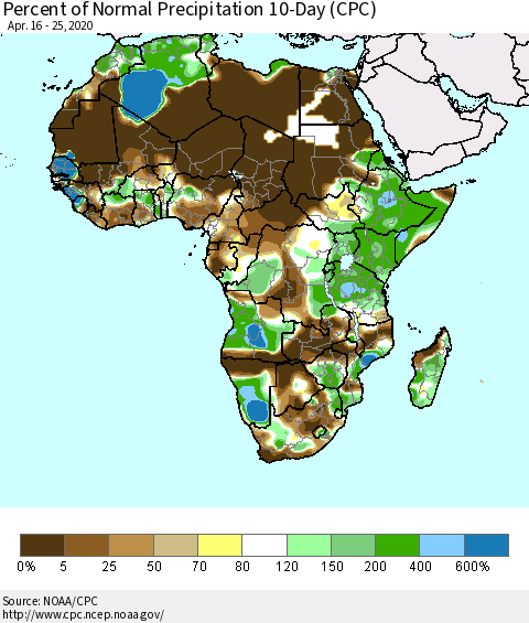 Africa Percent of Normal Precipitation 10-Day (CPC) Thematic Map For 4/16/2020 - 4/25/2020