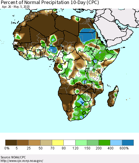 Africa Percent of Normal Precipitation 10-Day (CPC) Thematic Map For 4/26/2020 - 5/5/2020