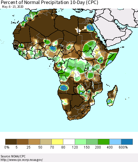 Africa Percent of Normal Precipitation 10-Day (CPC) Thematic Map For 5/6/2020 - 5/15/2020