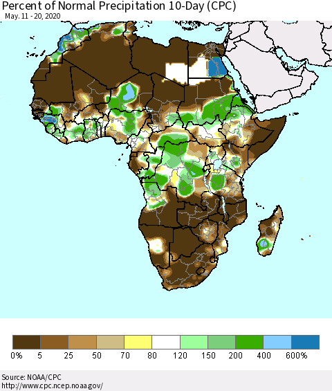 Africa Percent of Normal Precipitation 10-Day (CPC) Thematic Map For 5/11/2020 - 5/20/2020