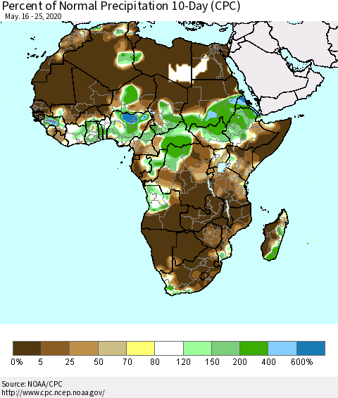 Africa Percent of Normal Precipitation 10-Day (CPC) Thematic Map For 5/16/2020 - 5/25/2020