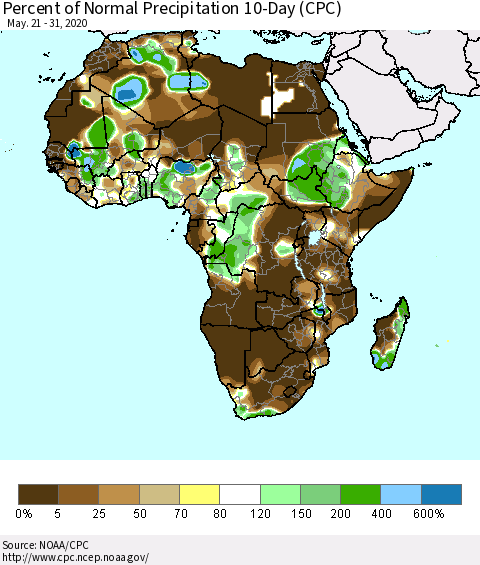 Africa Percent of Normal Precipitation 10-Day (CPC) Thematic Map For 5/21/2020 - 5/31/2020