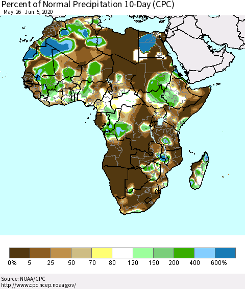 Africa Percent of Normal Precipitation 10-Day (CPC) Thematic Map For 5/26/2020 - 6/5/2020