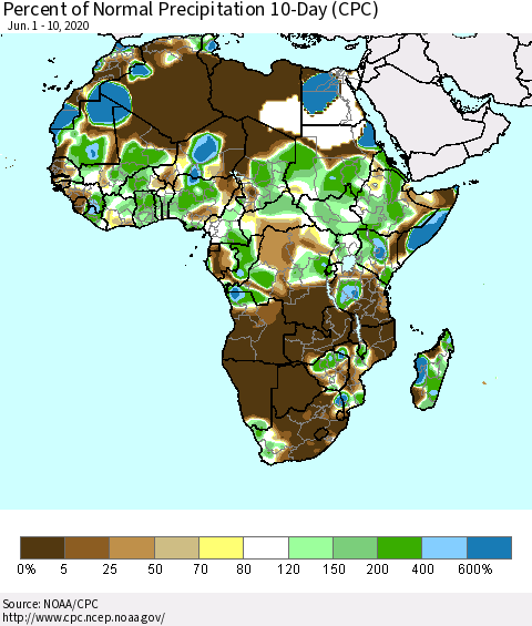 Africa Percent of Normal Precipitation 10-Day (CPC) Thematic Map For 6/1/2020 - 6/10/2020