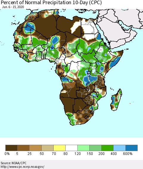 Africa Percent of Normal Precipitation 10-Day (CPC) Thematic Map For 6/6/2020 - 6/15/2020