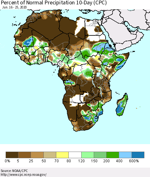Africa Percent of Normal Precipitation 10-Day (CPC) Thematic Map For 6/16/2020 - 6/25/2020