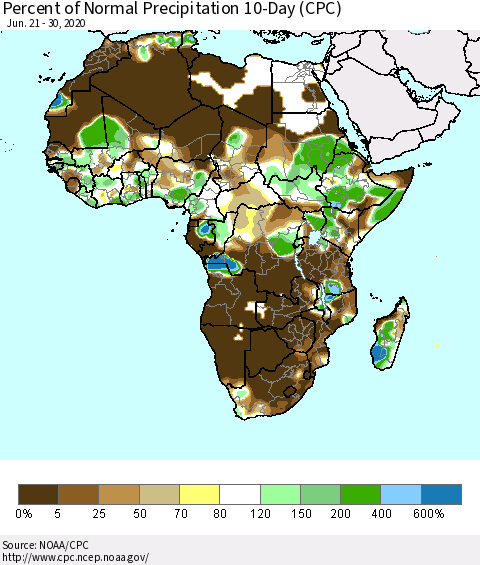 Africa Percent of Normal Precipitation 10-Day (CPC) Thematic Map For 6/21/2020 - 6/30/2020