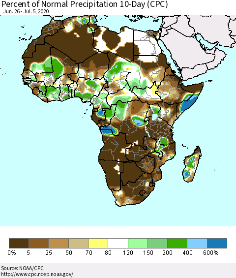Africa Percent of Normal Precipitation 10-Day (CPC) Thematic Map For 6/26/2020 - 7/5/2020