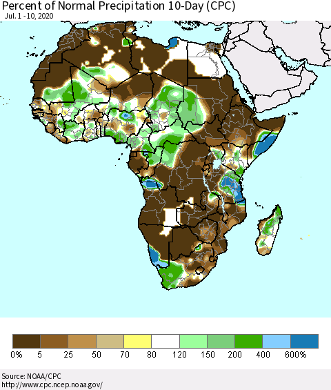 Africa Percent of Normal Precipitation 10-Day (CPC) Thematic Map For 7/1/2020 - 7/10/2020