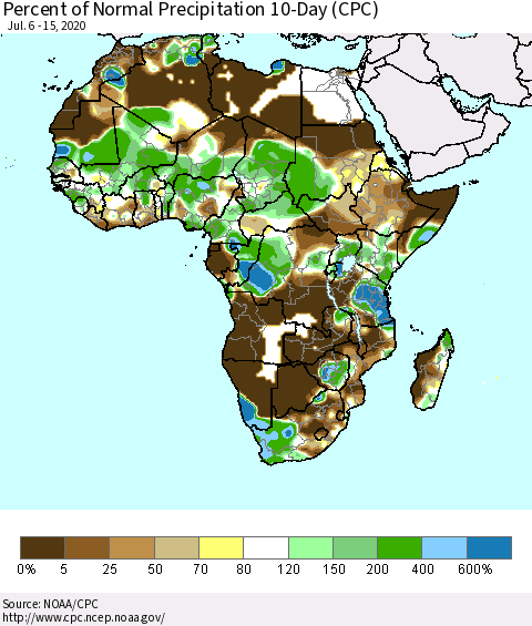 Africa Percent of Normal Precipitation 10-Day (CPC) Thematic Map For 7/6/2020 - 7/15/2020