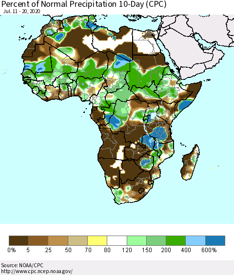 Africa Percent of Normal Precipitation 10-Day (CPC) Thematic Map For 7/11/2020 - 7/20/2020