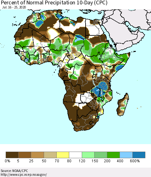 Africa Percent of Normal Precipitation 10-Day (CPC) Thematic Map For 7/16/2020 - 7/25/2020