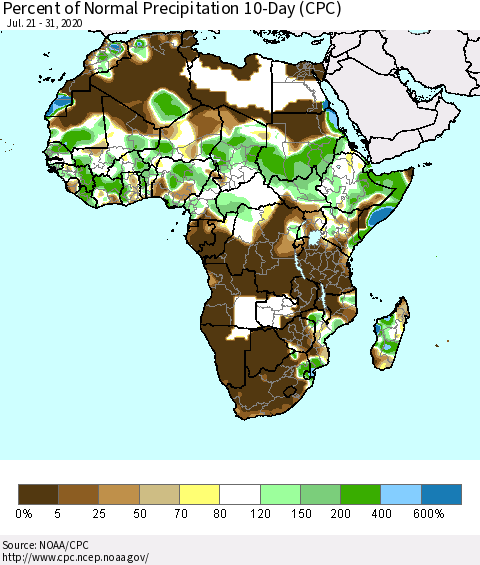 Africa Percent of Normal Precipitation 10-Day (CPC) Thematic Map For 7/21/2020 - 7/31/2020