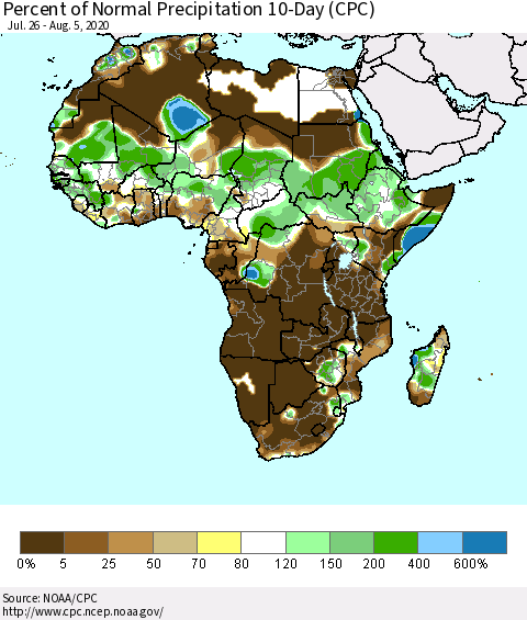 Africa Percent of Normal Precipitation 10-Day (CPC) Thematic Map For 7/26/2020 - 8/5/2020