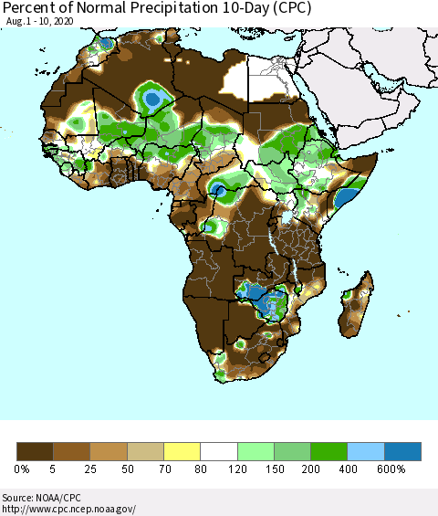 Africa Percent of Normal Precipitation 10-Day (CPC) Thematic Map For 8/1/2020 - 8/10/2020