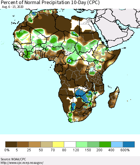 Africa Percent of Normal Precipitation 10-Day (CPC) Thematic Map For 8/6/2020 - 8/15/2020