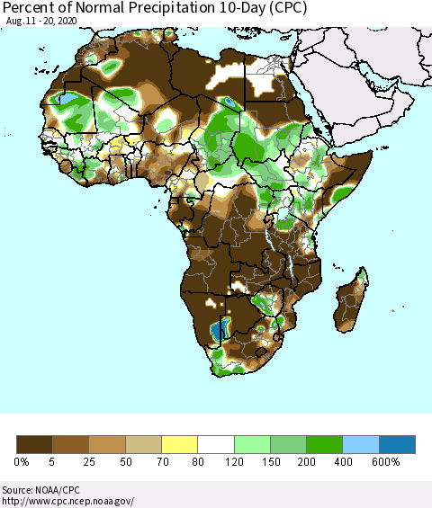Africa Percent of Normal Precipitation 10-Day (CPC) Thematic Map For 8/11/2020 - 8/20/2020