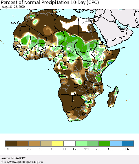 Africa Percent of Normal Precipitation 10-Day (CPC) Thematic Map For 8/16/2020 - 8/25/2020