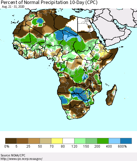 Africa Percent of Normal Precipitation 10-Day (CPC) Thematic Map For 8/21/2020 - 8/31/2020