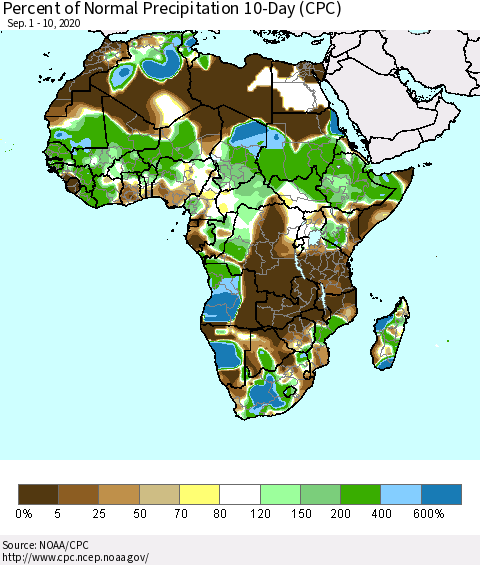Africa Percent of Normal Precipitation 10-Day (CPC) Thematic Map For 9/1/2020 - 9/10/2020
