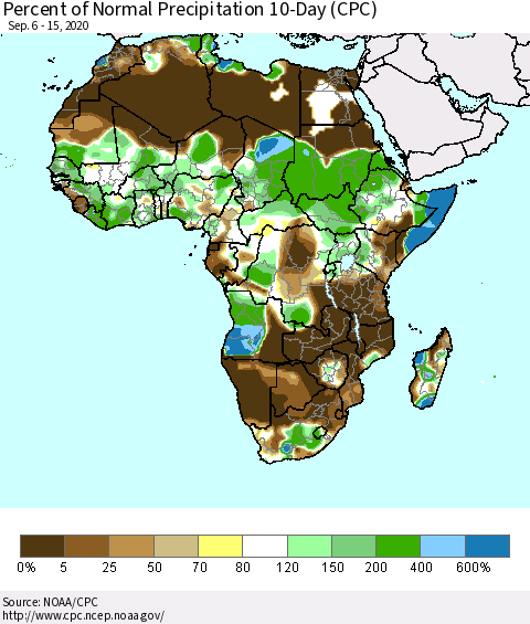 Africa Percent of Normal Precipitation 10-Day (CPC) Thematic Map For 9/6/2020 - 9/15/2020