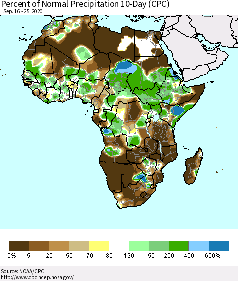 Africa Percent of Normal Precipitation 10-Day (CPC) Thematic Map For 9/16/2020 - 9/25/2020