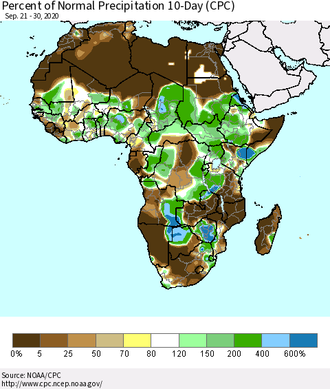 Africa Percent of Normal Precipitation 10-Day (CPC) Thematic Map For 9/21/2020 - 9/30/2020