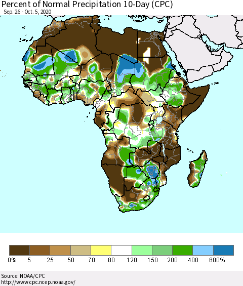 Africa Percent of Normal Precipitation 10-Day (CPC) Thematic Map For 9/26/2020 - 10/5/2020