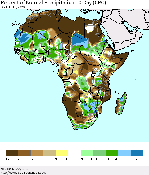 Africa Percent of Normal Precipitation 10-Day (CPC) Thematic Map For 10/1/2020 - 10/10/2020