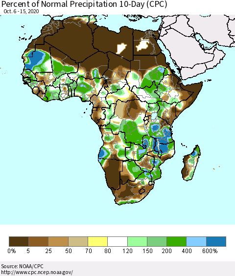 Africa Percent of Normal Precipitation 10-Day (CPC) Thematic Map For 10/6/2020 - 10/15/2020