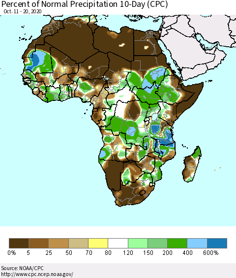 Africa Percent of Normal Precipitation 10-Day (CPC) Thematic Map For 10/11/2020 - 10/20/2020