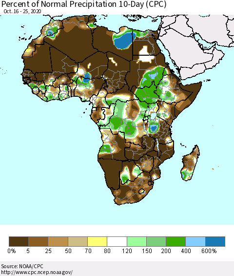 Africa Percent of Normal Precipitation 10-Day (CPC) Thematic Map For 10/16/2020 - 10/25/2020
