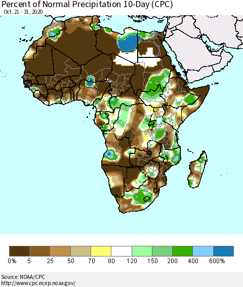 Africa Percent of Normal Precipitation 10-Day (CPC) Thematic Map For 10/21/2020 - 10/31/2020