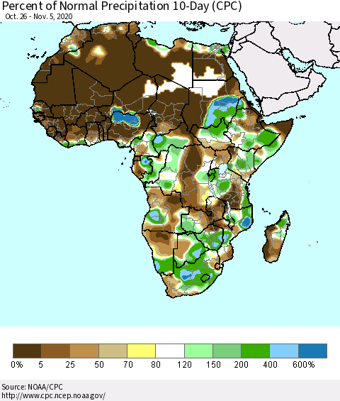 Africa Percent of Normal Precipitation 10-Day (CPC) Thematic Map For 10/26/2020 - 11/5/2020
